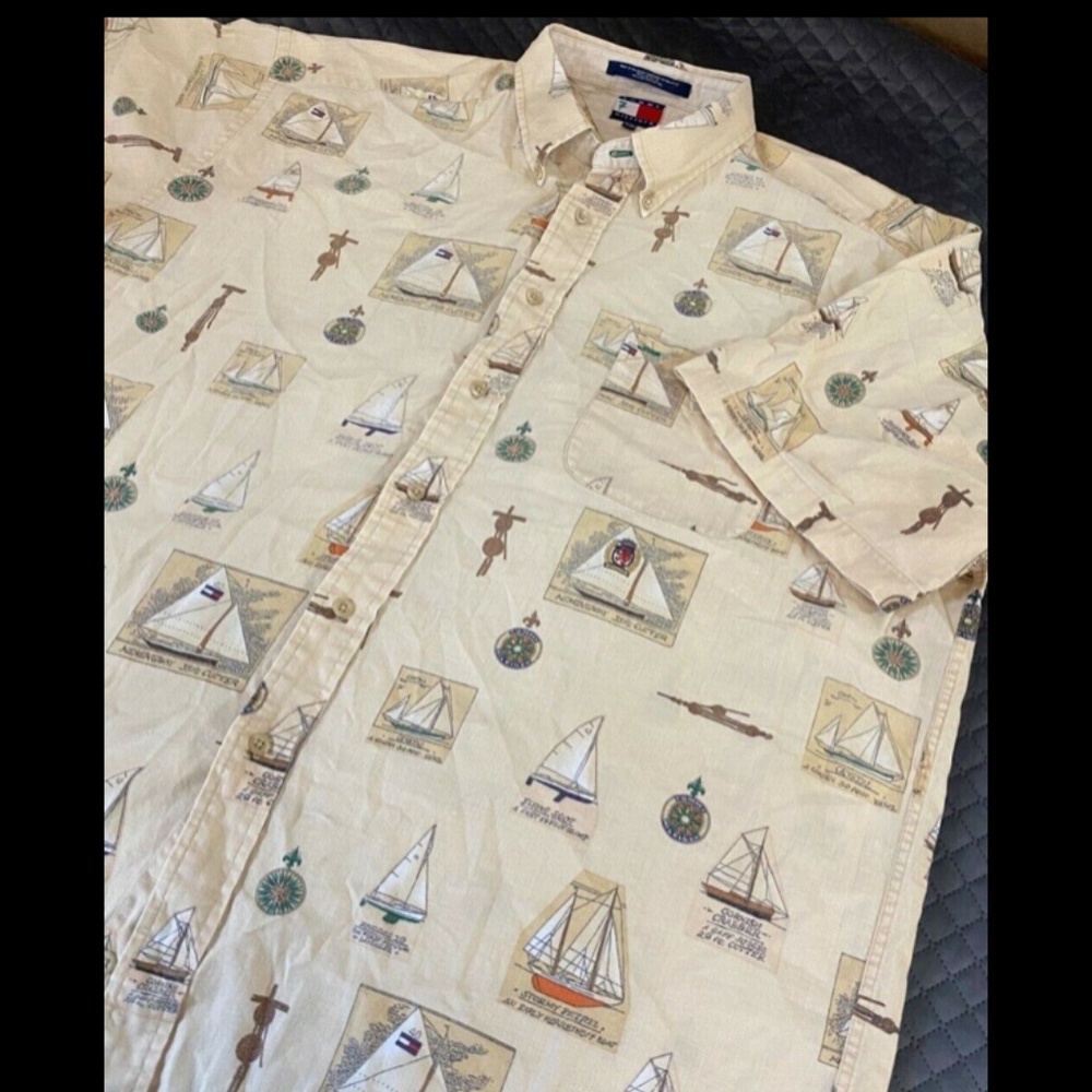 Tommy Hilfiger Nautical Sailing Themed Short Sleeve Button Down Vintage Sz XL